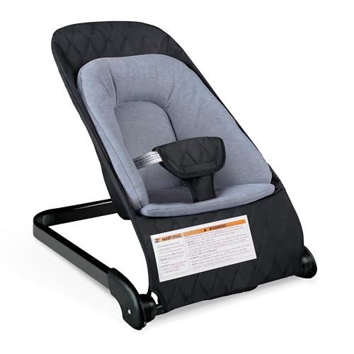 Kinder King Portable Baby Bouncer, Foldable Bouncer Seat w/Thickened Soft Cushion, 3-Point Harness, Lightweight Newborns Bouncy Seat, Black