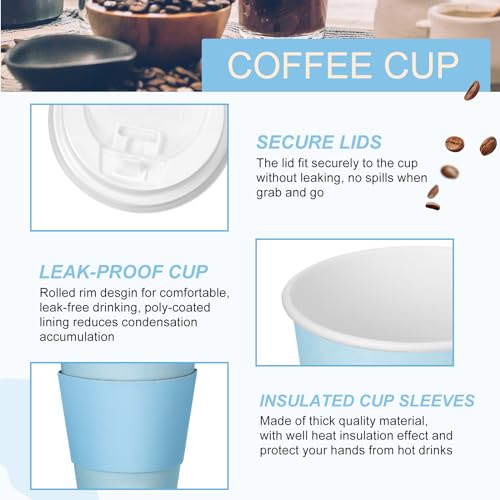 Patelai 48 Pcs 12 oz Disposable Coffee Cups with Lids and Sleeves Bulk, Insulated Hot Chocolate Paper Cup for Hot and Cold Beverage Water Juice Cocoa Tea Party Restaurants Travel Supplies (Blue)