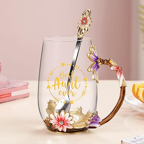 OEAGO Gifts for Women Mom Mothers Valentines Day Tea Cup Best Birthday Butterfly Rose Gifts for Her from Daughter Son Glass Coffee Christmas Enamels Mug Lead-Free with Spoon Set