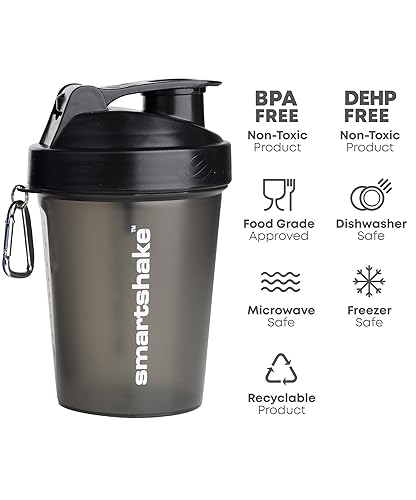 Smartshake Lite 4-Pack Protein Shaker Bottle 400 ml | 13.5 oz - Leakproof Screw-on Lid - BPA Free – Unisex - Mist Grey, Army Green, Black, Navy Blue