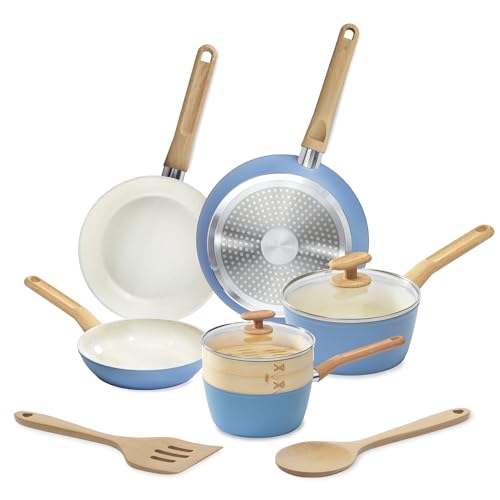 GoodCook 10-Piece Healthy Ceramic Titanium-Infused Cookware Set with Pots, Pans, Steamer, Spoon, and Turner, Nonstick Pots and Pans Set for Kitchen, Light Blue