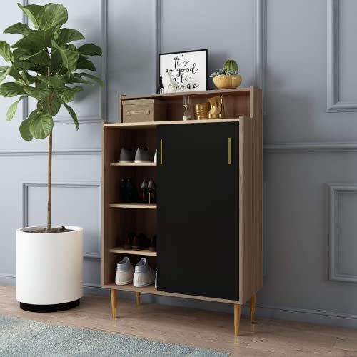Alohappy Shoe Cabinet, 4-tier Freestanding Shoe Rack Storage Organizer Sliding Doors & Wood Legs, Modern Shoe Storage Cabinet opening shelf Hallway Entryway Living Room Bathroom (Walnut& Black)