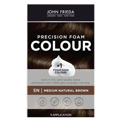 John Frieda Brown Permanent Precision Hair color, Foam Hair Kit, Brown Hair Dye, 5N Medium Natural Brown Hair Color, 1 Application