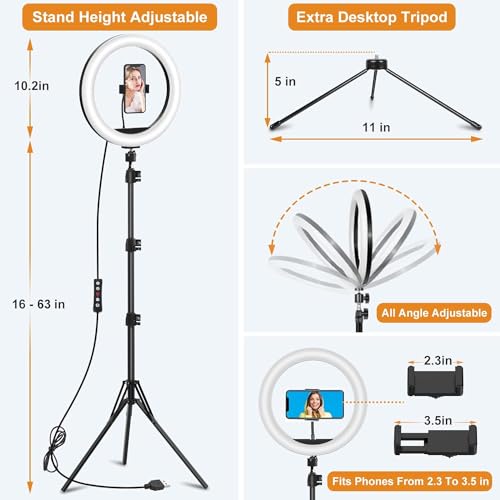 10.3" Selfie Ring Light with Stand and Phone Holder, Desk Tripod, 29 RGB Lighting Modes, Remote for iPhone &Android Camera. LED Halo Light for Photo, Video Recording, TikTok. Circle Ringlight Dimmable