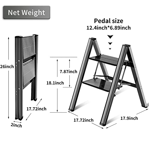 Step Ladder Folding 2 Step Stool Aluminium Anti-Slip Wide Pedal Portable Stepladder Storage Shelf Rack Home Kitchen Lightweight Ladders,Black