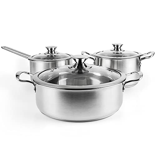 Stainless Steel Pots and Pans Set, 6 Piece Kitchen Cookware Sets with Glass Lids, Stay Cool Handle, Works with Induction, Electric and Gas Cooktops, Non Toxic, Oven & Dishwasher Safe