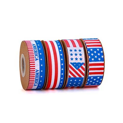 Meseey Patriotic Ribbons Red/White/Blue 40 Yards Stars and Stripes Grosgrain Ribbon Use for Hair Bows,Wreath,Gift Wrapping,Memorial Day Decoration(01)