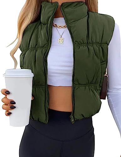 Lentta Women's Cropped Puffer Vest Winter Zip Up Stand Collar Lightweight Padded Coats(Red-XS)