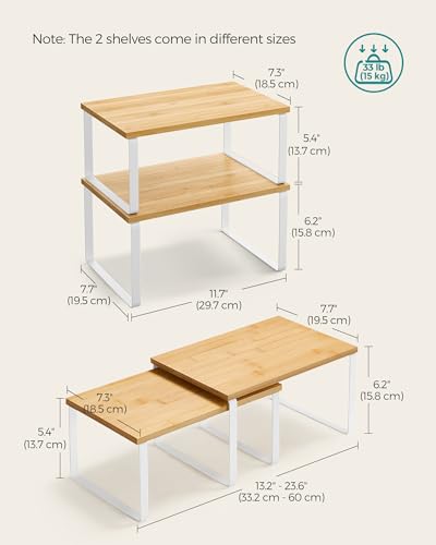 SONGMICS Cabinet Organizer Shelf, Set of 2 Kitchen Counter Shelves, Kitchen Storage, Spice Rack, Stackable, Expandable, Metal and Engineered Wood, Cloud White and Natural Beige UKCS02NW