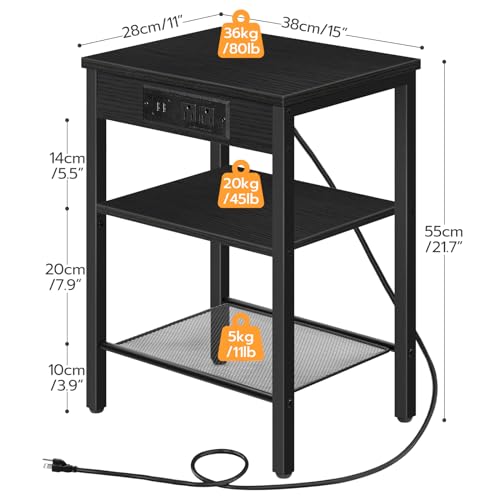 HOOBRO End Table with Charging Station and USB Ports, 3-Tier Nightstand with Adjustable Shelf, Small Side Table for Small Space in Living Room, Bedroom and Balcony, Black BB112BZ01