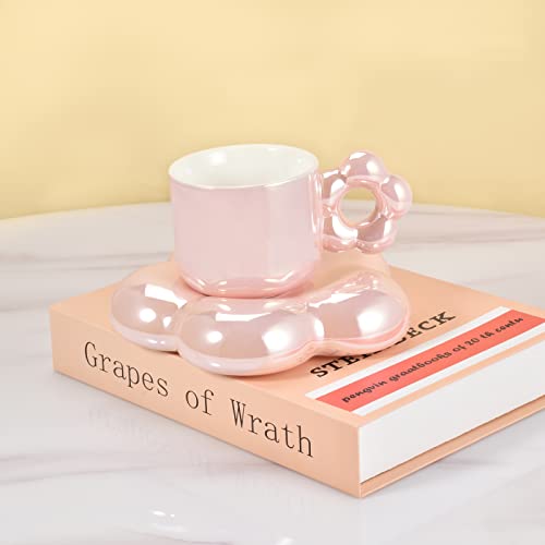 Koythin Ceramic Coffee Mug with Saucer Set, Creative Cute Cup with Flower Saucer, Novelty Cups with Flower Handle for Office and Home, 6.5oz Aesthetic Mugs for Tea Latte Milk (Pearl White)