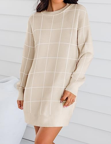 ZESICA Women's Casual Long Sleeve Tunic Sweater Dress Crew Neck Plaid Knit Oversized Pullover Jumper Tops,Taupe,Small