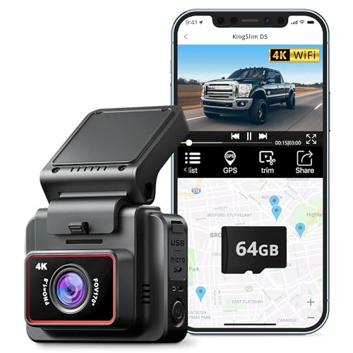 Kingslim Dash Cam Front, 4K Dash Camera for Cars with Free 64GB SD Card, WiFi GPS Mini Car Dashcam Built-in 170 Degree Night Vision, Parking Monitor, WDR, Motion Detection