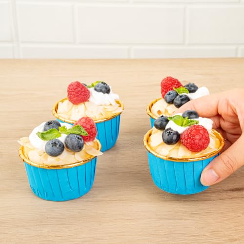 Restaurantware Panificio 3.5 Ounce Baking Cups 50 Greaseproof Foil Cups - Lids Sold Separately Oven-Ready Blue Foil Paper Muffin Liners Microwavable Disposable