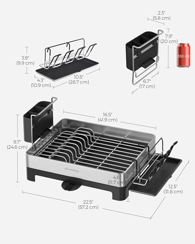 SONGMICS Dish Drying Rack, Premium Stainless Steel Dish Rack with Rotatable Spout, Fingerprint-Resistant Dish Drainers for Kitchen Counter, 12.5 x 22.5 in, Silver and Black UKCS030B01