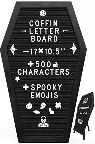 Coffin Letter Board Black With Spooky and All Seasons Emojis +500 Characters, and Wooden Stand - 17x10.5 Inches - Gothic Halloween Decor Spooky Gifts Decorations