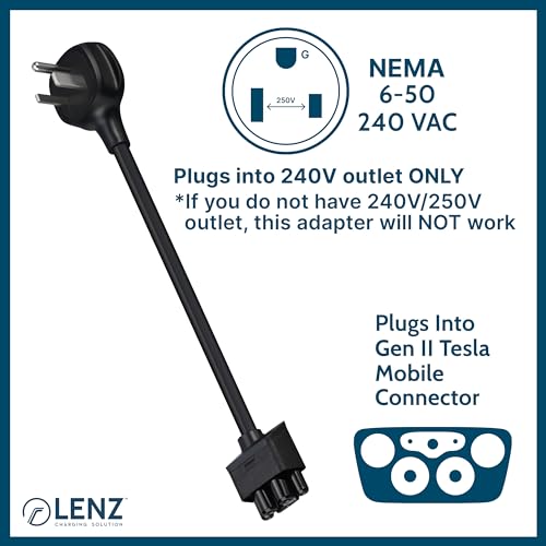 LENZ NEMA 06-50 Adapter for Tesla Gen 2 Mobile Portable Charger, Connect Tesla Mobile Charger to NEMA 06-50 240V Outlet at 32 Amp (Length 15.7 inches)