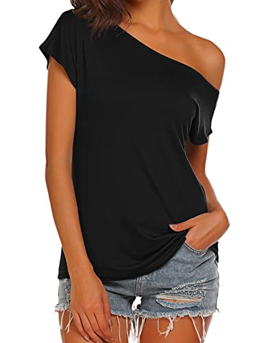 Halife Womens Soft T Shirts Loose Fit Off One Shoulder Shirt Solid Color Short Sleeve Tees Purple M