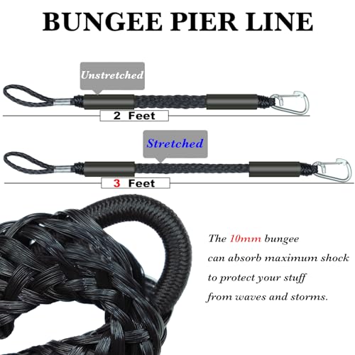 2PCS Fender Lines 2 Feet Premium Bungee Boat Lines with 316 Stainless Clip for Boat Bumper/Boat Fender Boat Accessories for Mooring for Jet Ski, SeaDoo, Yamaha WaveRunner Dinghy (Black, 2 Feet)