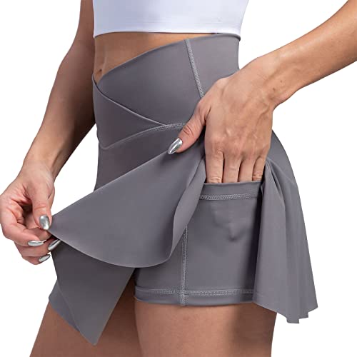 Raroauf Womens Pleated Tennis Skirts High Waisted Crossover Athletic Skorts for Golf Running Casual Workout Mini Grey(S)