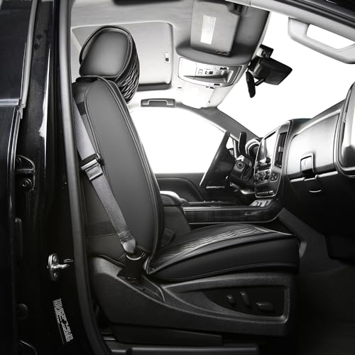 JOJOBAY Chevy Silverado Seat Covers,Leather Seat Covers for GMC Sierra,Custom Fit 2007-2024 1500 2500HD 3500HD Crew Double Extended Regular Cab,LT LZT RST Trail Boss(Front Pair,Black)