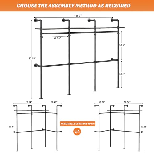 Aheaplus Industrial Pipe Clothing Rack, Reversible 79.7'' Clothes Rack for Hanging Clothes, Heavy Duty Garment Rack Closet Wardrobe Rack with LED Lights& Shelves, Walk-in Closet System, Black