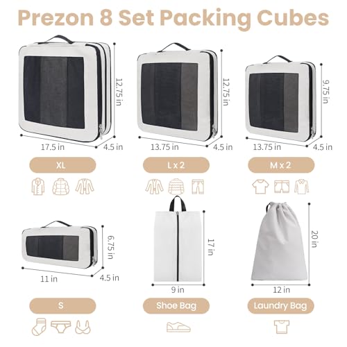 Prezon 8 Set Compression Packing Cubes for Suitcases, Full Open & Visible Design, Luggage Organizer Bags Set for Carry on, Travel Essentials Travel Gifts for Women with Laundry Bag and Shoe bag Cream