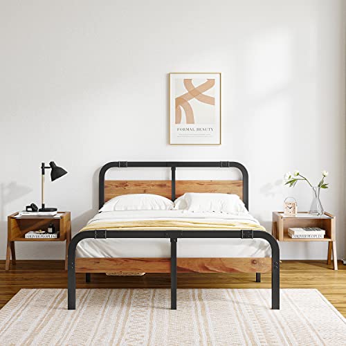 Breezehome Twin Bed Frames with Wooden Headboard, Heavy Duty Platform Metal, No Box Spring Needed, Strong Metal Slats Support, Noise-Free, Twin Size