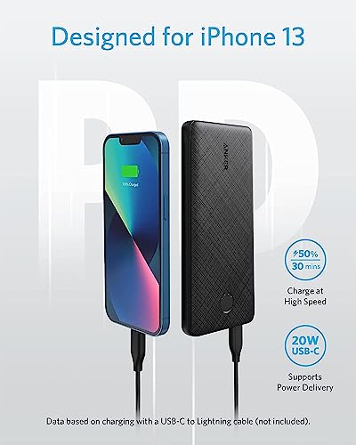 Anker Portable Charger, USB-C PortableCharger 10000mAh with 20W Power Delivery, 523 Power Bank (PowerCore Slim 10K PD) for iPhone 14/13/12 Series, S10, Pixel 4 and More (Black)