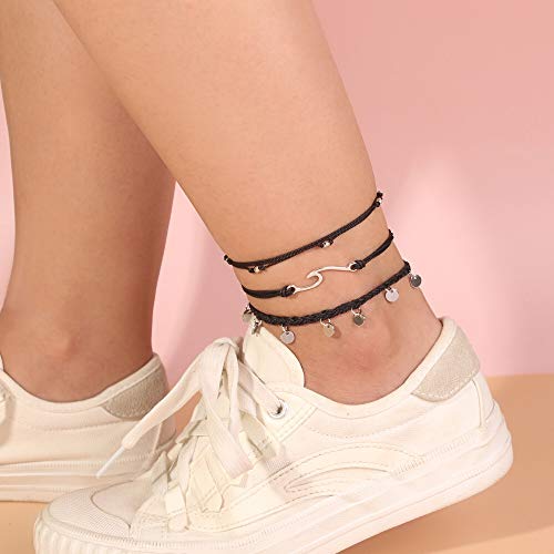 Lynnaneo Waterproof String Anklets Cute Beaded Ankle Bracelets Boho Wave Anklet Stainless Steel Coin Beach Foot Jewelry for Women Teen Girls(Black)