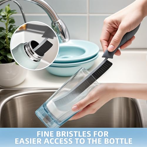 TQRR 3 Pcs Water Bottle Cleaner Brush, Tube Cleaner Brush, Small Cleaning Brushes for Tight Spaces, Gap Cleaning Brushes for Cup, keyboards, Dishes, Wine Bottle, Kitchen sinks,Toilet(Grey Handles) (3)