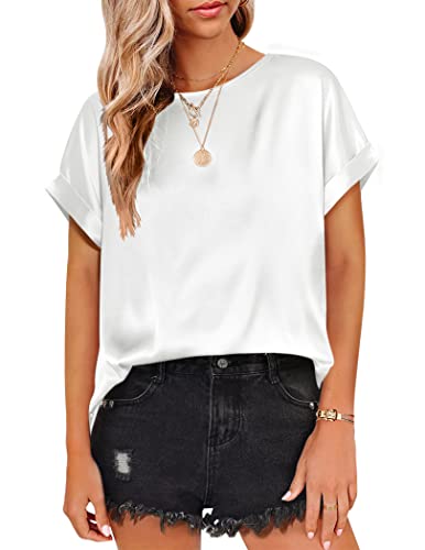 Beyove Women's Elegant T Shirts Round Neck Rolled Short Sleeve Loose Satin Silk Blouse Tops Black S