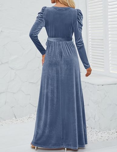 ZESICA Women's Velvet Maxi Dress Long Puff Sleeve Crew Neck Elastic High Waist Cocktail Party Bridesmaid Dresses,Black,Medium