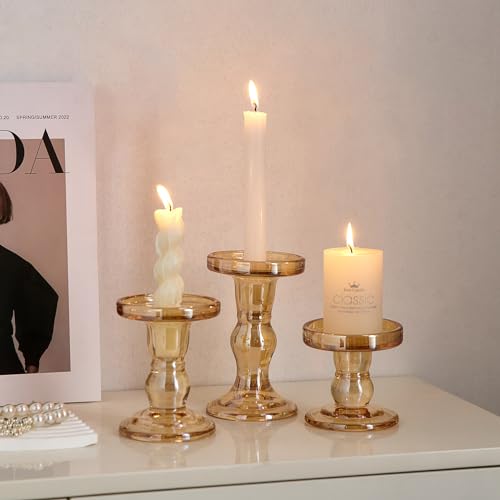 Glass Candlestick Holders for Pillar Candles Set of 3 Amber Taper Candle Holders for Table Centerpiece Candle Stands Decorative Candle Stick Holders for Wedding Party Dinner Holiday Decor Gifts