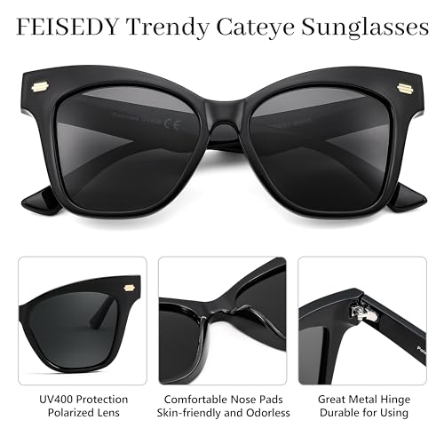 FEISEDY Trendy Polarized Sunglasses, Retro Cateye Frame for Women, UV400 Protection Shades B0009