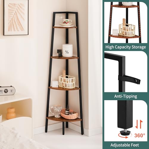 Yoobure 4-Tier Corner Bookshelf with Metal Frame - Ladder Display Shelf for Bedroom and Living Room, Tall Wood Corner Bookcase and Plant Stand