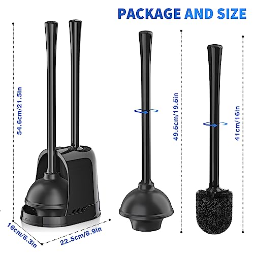 LOVLOY Toilet Plunger and Brush, Bowl Brush and Heavy Duty Toilet Plunger Set with Ventilated Holder, 2-in-1 Toilet Brush and Plunger Combo for Bathroom Cleaning (Black, 2 Set)