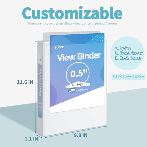 SUNEE 3 Ring Binder 1/2 Inch 4 Pack, Clear View Binder Three Ring PVC-Free (Fit 8.5x11 Inches) for School Binder or Office Binder Supplies, White Binder