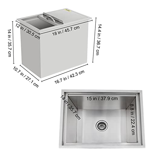 Happybuy Drop in Ice Chest 18L x 12W x 14.5H Inch Stainless Steel Ice Cooler with Sliding Cover Drop in Ice Bin Included Drain-pipe and Drain Plug for Cold Wine Beer