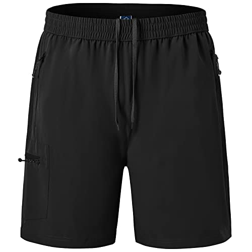 BGOWATU Men's Athletic Hiking Shorts Stretch Quick Dry Sports Gym Shorts with Zipper Pockets for Fishing Travel Black XXXL