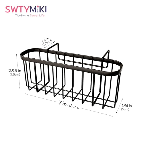 SWTYMIKI Sponge Holder for Kitchen Sink with Partition, Movable Kitchen Sink Caddy with Compact Size Stainless Steel Hanging Sink Sponge Caddy for Double Bowl Sinks, Black