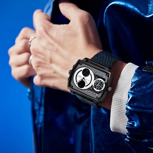 FEICE Men's Square Digital LED Watch - Multifunction Chronograph with Analog Quartz Movement, Stainless Steel Band, Dual Time Display, Waterproof Wristwatch FK814