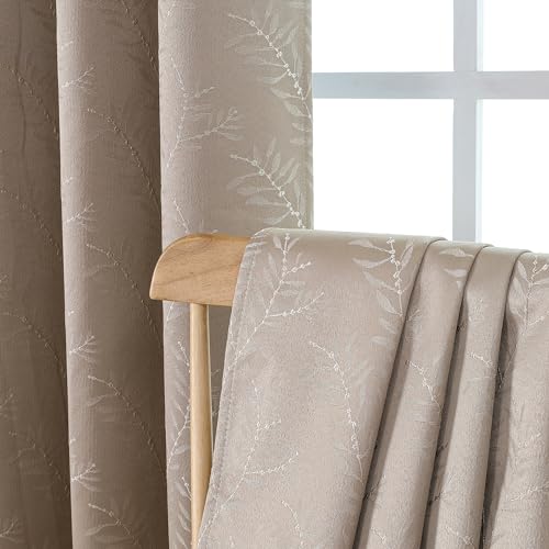 Chyhomenyc Debby Camel Blackout Curtains 63 Inches Long 2 Panels for Living Room, Thermal Insulated Energy Saving Noise Reducing Branch Jacquard Textured Heavy Grommet Window Drapes, Each 52x63 inch