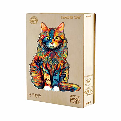 KAAYEE Wooden Jigsaw Puzzle, Maine Coon Cat Puzzle, 80 Pieces, 8.3 * 6.6 Inch, Animal Unique Shaped Puzzle, Gift for Kids and Adults