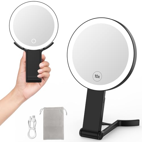 Magnifying Mirror with Light 1X/10X, Travel Lighted Makeup Mirror with Magnification, Make Up Mirror Stand Up Double Sided, Magnified Travel Mirror with Lights, 3 Light Colors & Light Dimming