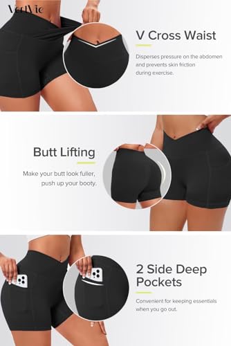 Vertvie Gym Shorts Women 3"/ 9" Crossover Biker Shorts High Waisted Spandex Workout Yoga Volleyball Booty Shorts with Pockets (9 inches,Dark Grey,Medium)