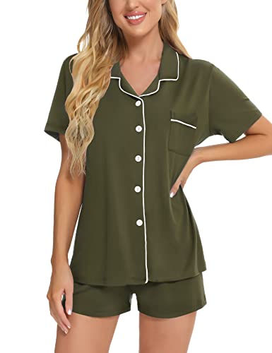SWOMOG Womens Button Down Pajamas Set Short Sleeve Sleepwear Bride Soft Pj Lounge Sets XS-3XL Oxford Blue Small