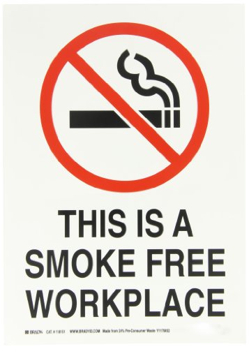 Brady 118151 14" Width x 10" Height B-558 Pressure Sensitive, Red And Black On White Color Sustainable Safety No Smoking Sign, Legend "This Is A Smoke-Free Workplace"