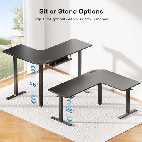 HUANUO 63″ Dual Motor L-Shaped Standing Desk, Built-in Power Outlets, Electric Height Adjustable Corner Computer Desk, Large Power Strip Holder, Sit Stand Up Desk with 3 Preset Heights, Black