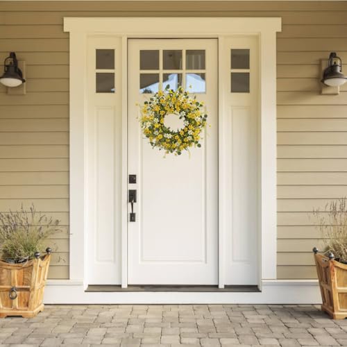 LSKYTOP 24Inches Artificial Daisy Flower Wreath with Eucalyptus Green Leave Spring Summer Wreath for Front Door Wall Decor